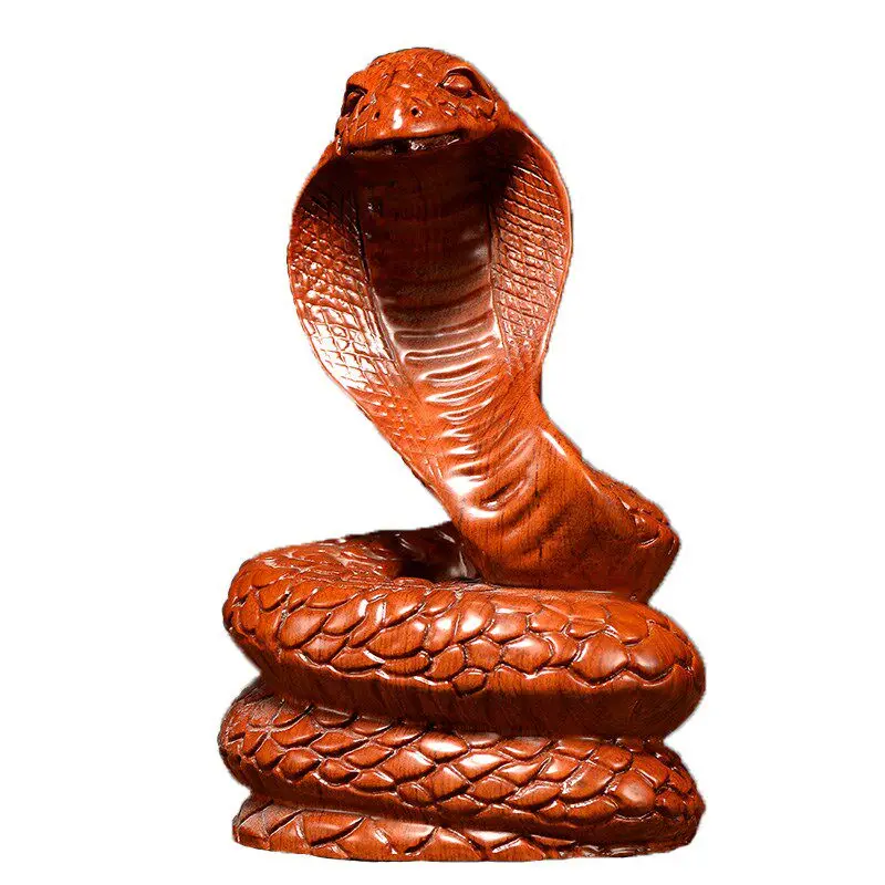 Carved Huanghuali Rosewood Chinese Zodiac Snake Statue Fengshui Lucky Wealth Figurine Home Office Decor Housewarming Gift