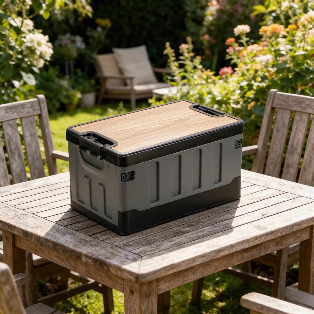 Camping Storage Box with Wooden Lid, Foldable Large Capacity Trunk Organizer, Scratch-Resistant Durable for Car Outdoor Travel