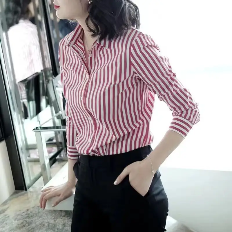 Women\'s Clothing Commute Striped Shirt 2023 New Spring Autumn Long Sleeve Fashion Single-breasted Casual Turn-down Collar Blouse