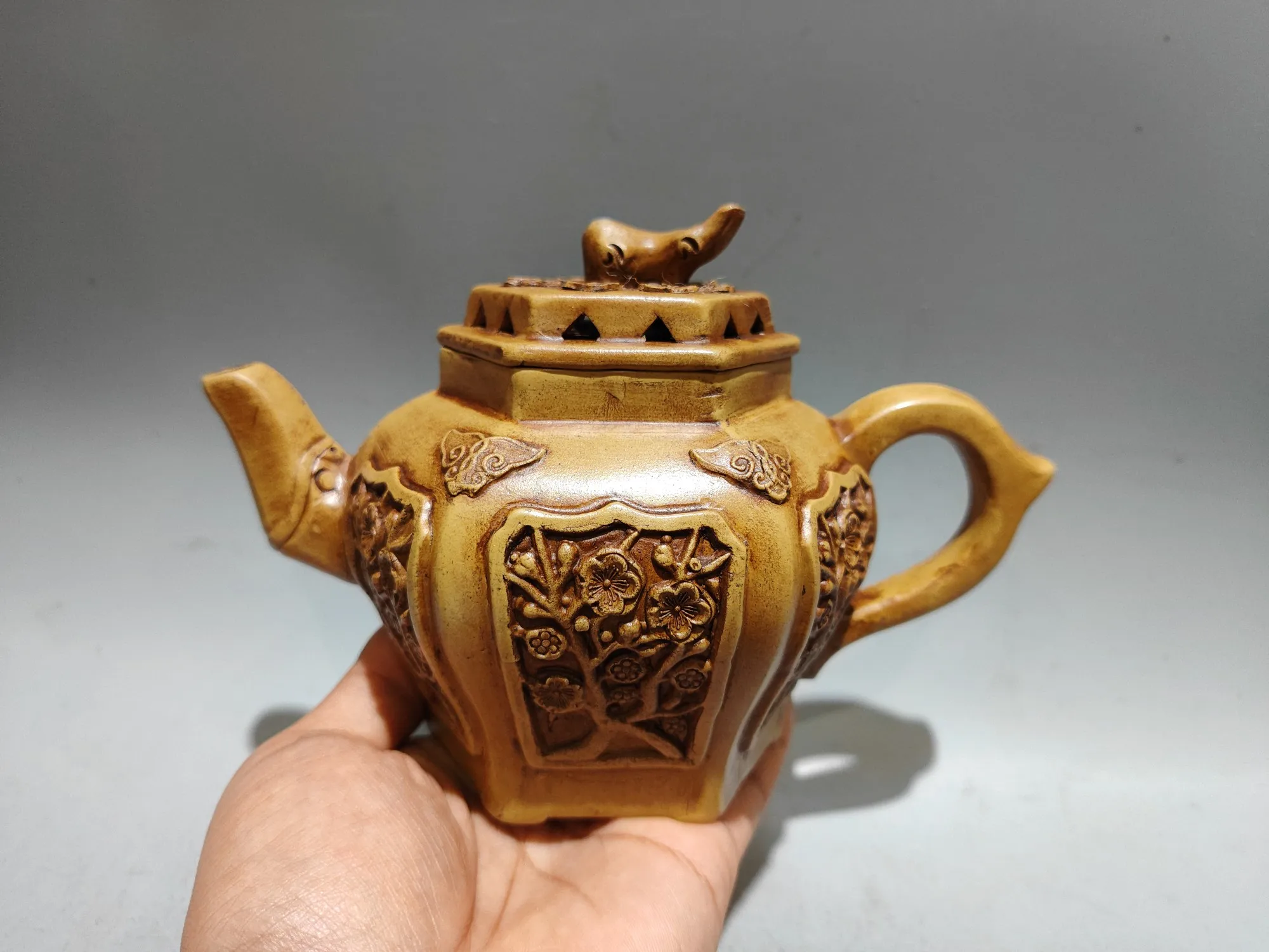 Yixing Purple Clay Teapot Six sided pot plum blossom pattern Tree root pot Kettle Teapot Amass wealth Ornaments Town