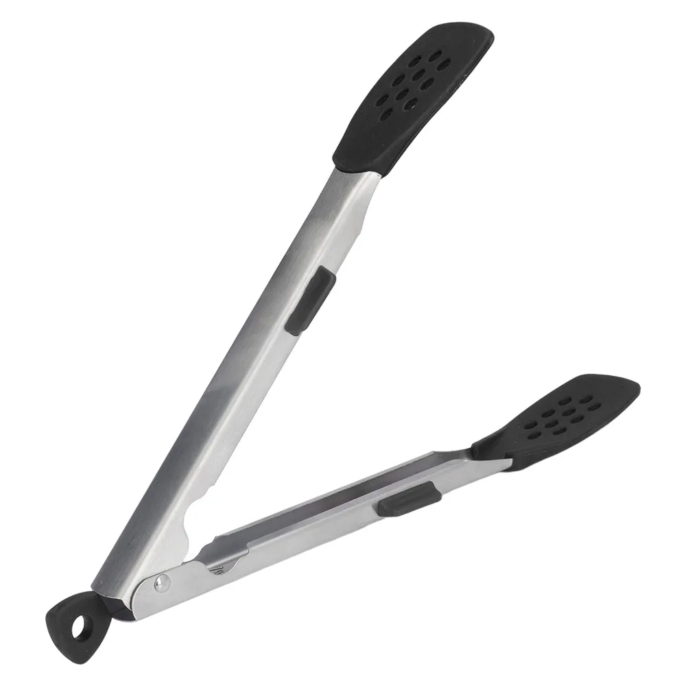 Hanging Loop Food Tongs Compact Tong Two Arms Cooking Tongs Stainless Steel+Silicone Red Black Serving Tongs BBQ Grilling