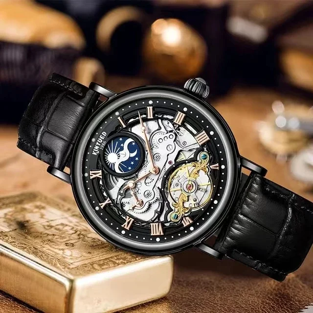 KINYUED J117 orologio meccanico automatico per uomo volano scava fuori orologi meccanici multifunzionali orologio da polso con cinturino in pelle