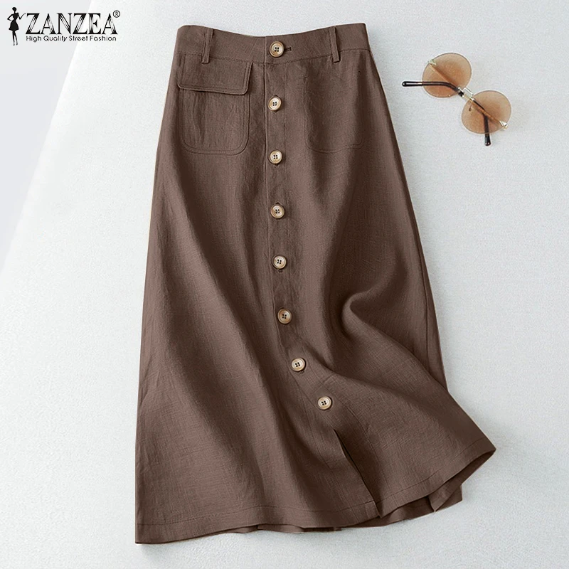 ZANZEA Elegante Midiröcke für Damen, Sommer, Baumwolle, atmungsaktiv, dünn, für den Arbeitsweg, hohe Taille, einfarbig, A-Linie, Saia Evangelicas