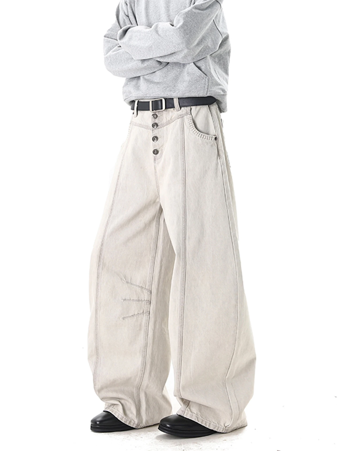 

Мужские джинсы-брюки с широкими штанинами в стиле High Street, с множеством пуговиц, свободного кроя, винтажные, с эффектом потертости, длинные