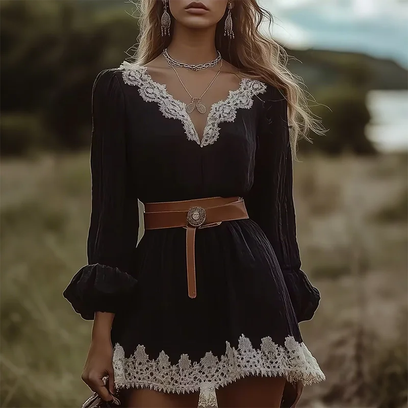 

Women's Black Long-sleeved V-neck Hem Stitching Lace Dress Waist Wrap A-line Pleated Women Birthday Party Dress Vestidos