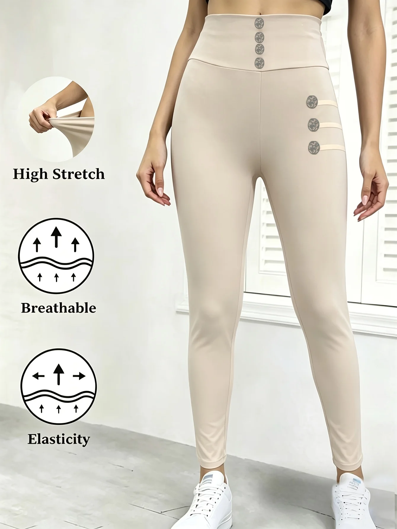 Simple High Waisted Button Printed Leggings Skin Friendly Stretchy Fitness Yoga Pants Soft Breathable Casual Cropped Pants