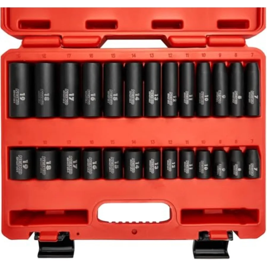 

02433A 3/8" Drive Standard and Deep Metric Impact Socket Set 26 Pieces Metric 7mm to 19mm Premium Cr-V Steel 6-Point Hex Design