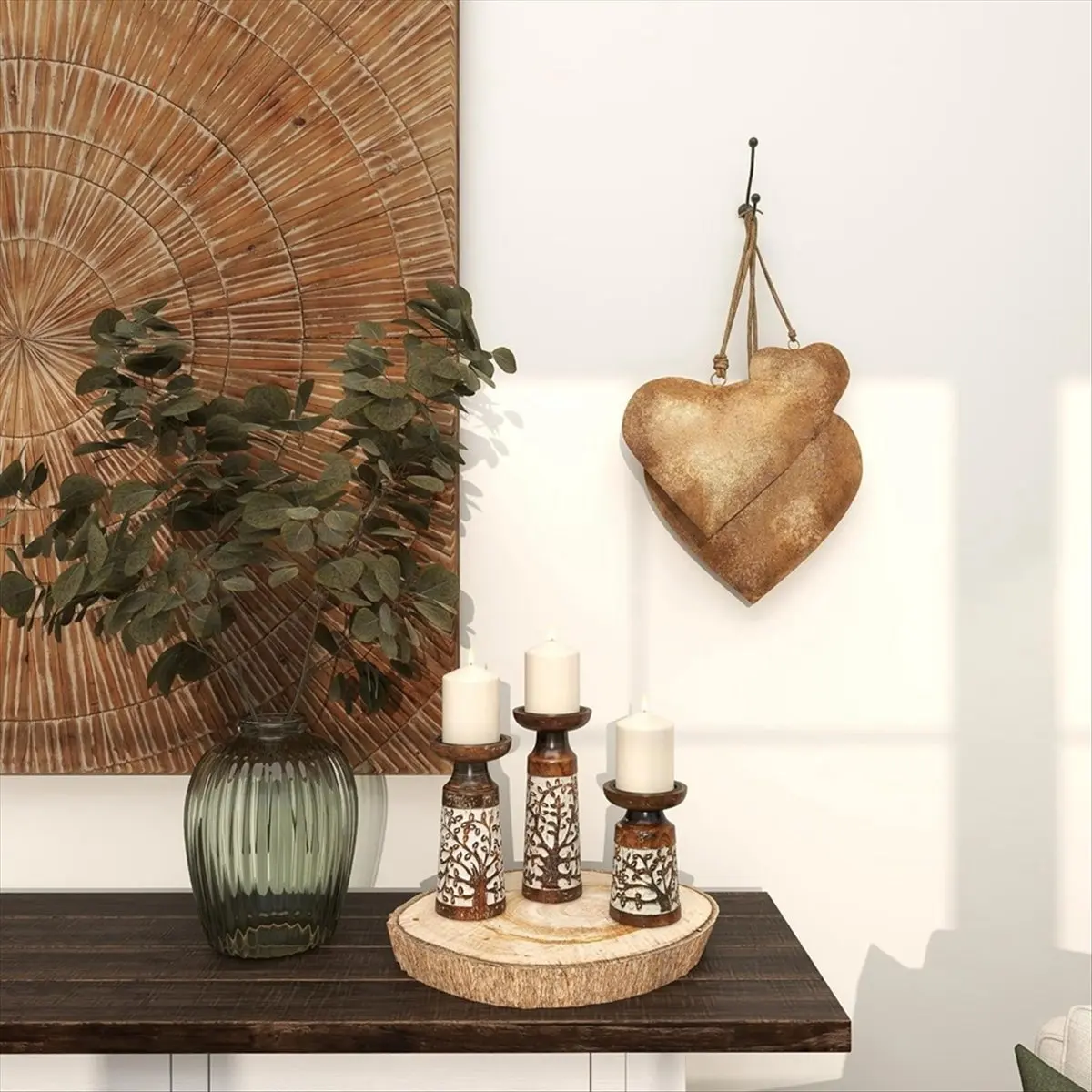 &A11I 3D Metal Heart-Shaped Decorative Bell with Hanging Rope Aged Brass Metal Bell