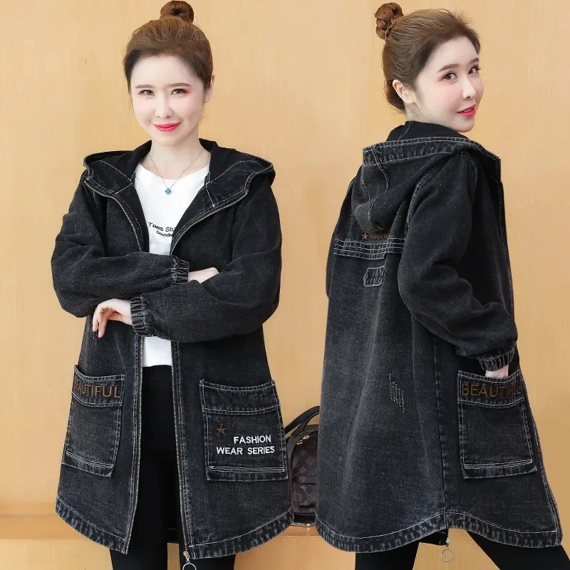 Imagem -02 - Coreano Bordado Carta Denim Windbreak Cabolsa Feminino Primavera Outono com Capuz com Zíper Cabolsas Novo Solto Casual Jeans Jaquetas Femininas