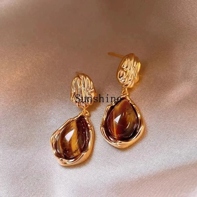 Maillard tiger's eye stone retro stud earrings, unique temperament earrings for women