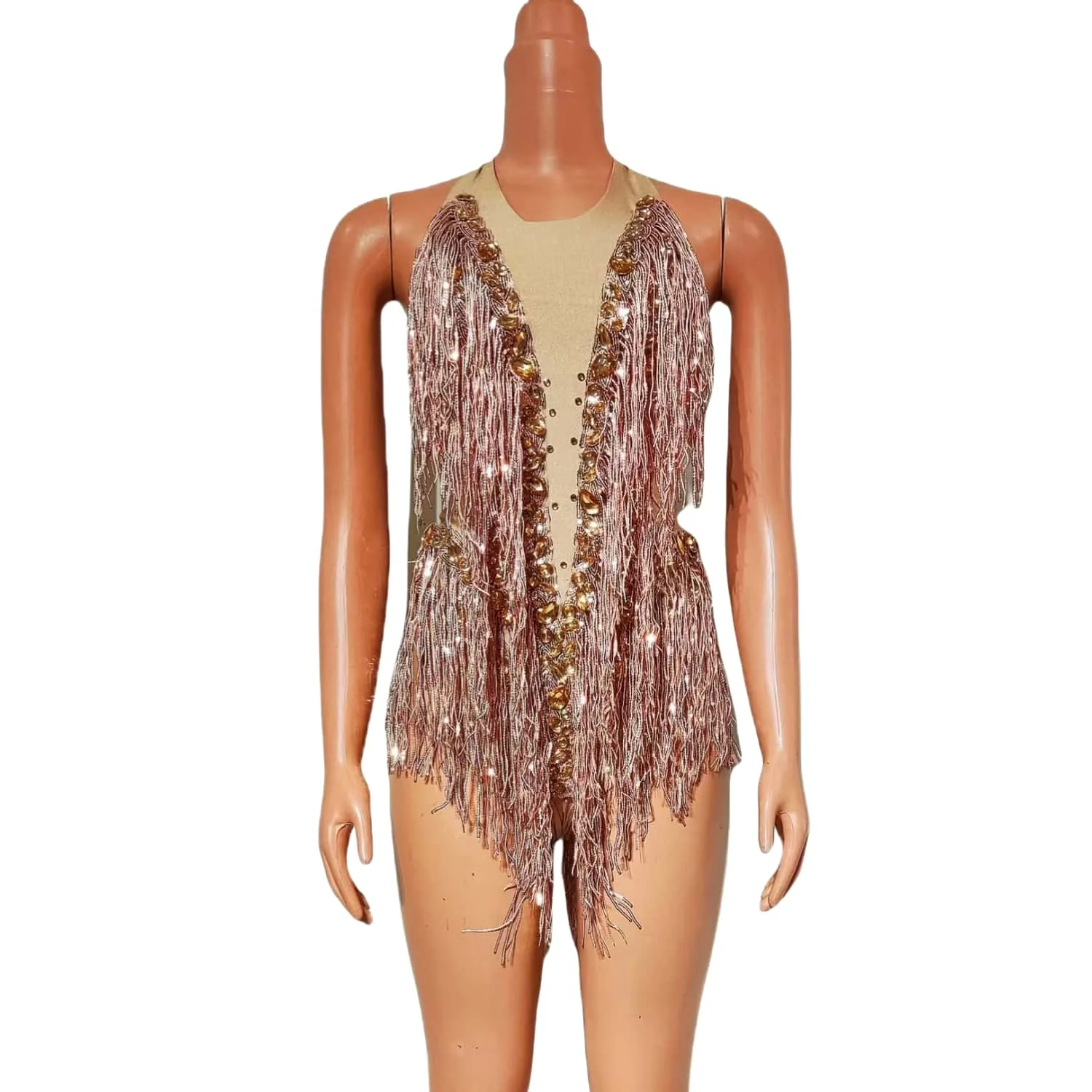 

Jinsu High Elasticity Women Jumpsuit Shiny Gold Rhinestone Tassel Neck Hanging Tight Shorts Bar Performance Outfit Prom Dress