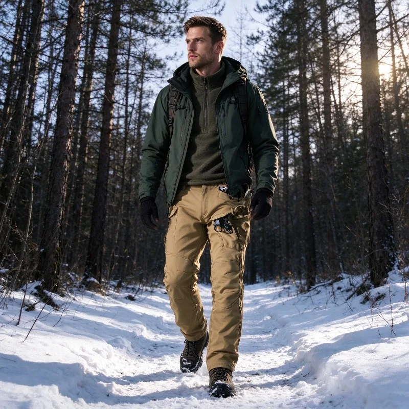 Men Winter Warm Fleece Lined Pants Tactical Cargo Trousers Multi Pocket Outdoor Sports Hiking Skiing Working Windproof Pants