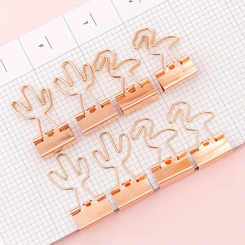 4pcs/pack Long Tail Clip Rose Gold Flamingo Dovetail Clip Cactus Paper Clips Fourniture Bureau Student Teacher Material Oficina