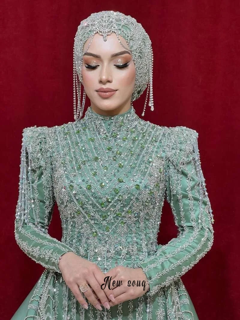 Two Pieces Beading Sage Green Prom Dress With Detachable Train 2026 Luxury Women Wedding Guest Gowns Plus Size Customized Robes view 4