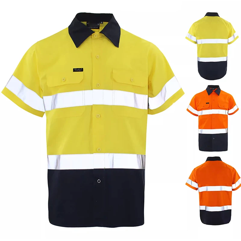 Hi Vis Shirts with Pocket Safety Work Shirts for Men Construction Building Breathable Summer Reflective Clothing