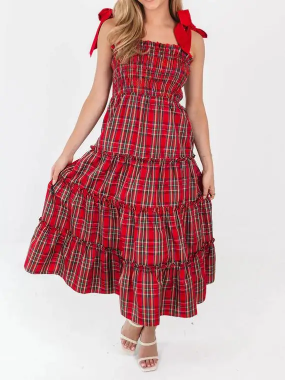 GuliriFei Women's Tie-Shoulder Dress Stylish Plaid Ruffled Trim Smocked Sleeveless Long A-Line Dress