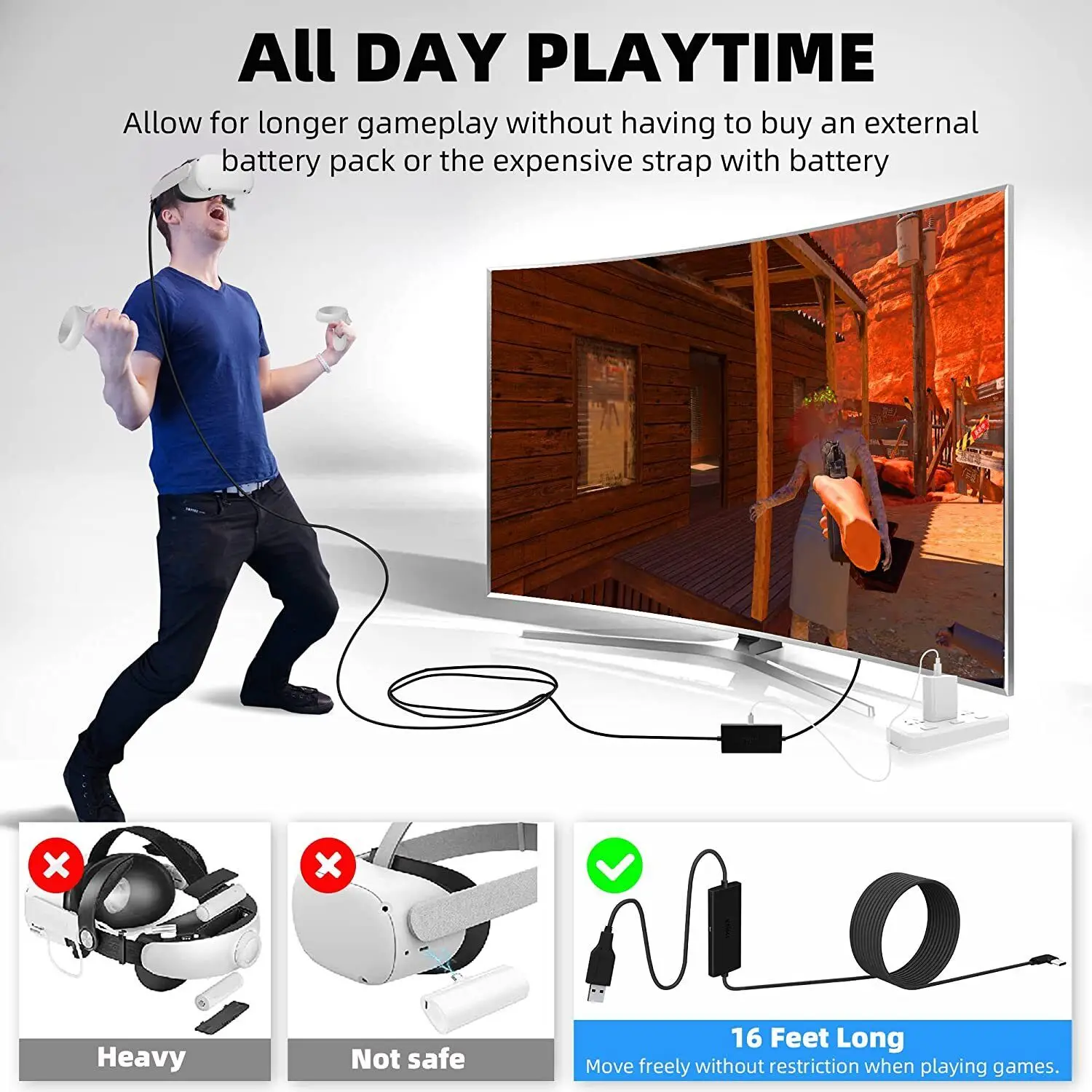 5m/16FT Link สำหรับ Quest 2/ forPICO4/สำหรับ Neo3/สำหรับ meta Quest Pro Link VR ชุดหูฟัง Extra CHARGING Port VR ชุดหูฟัง LINK CABLE