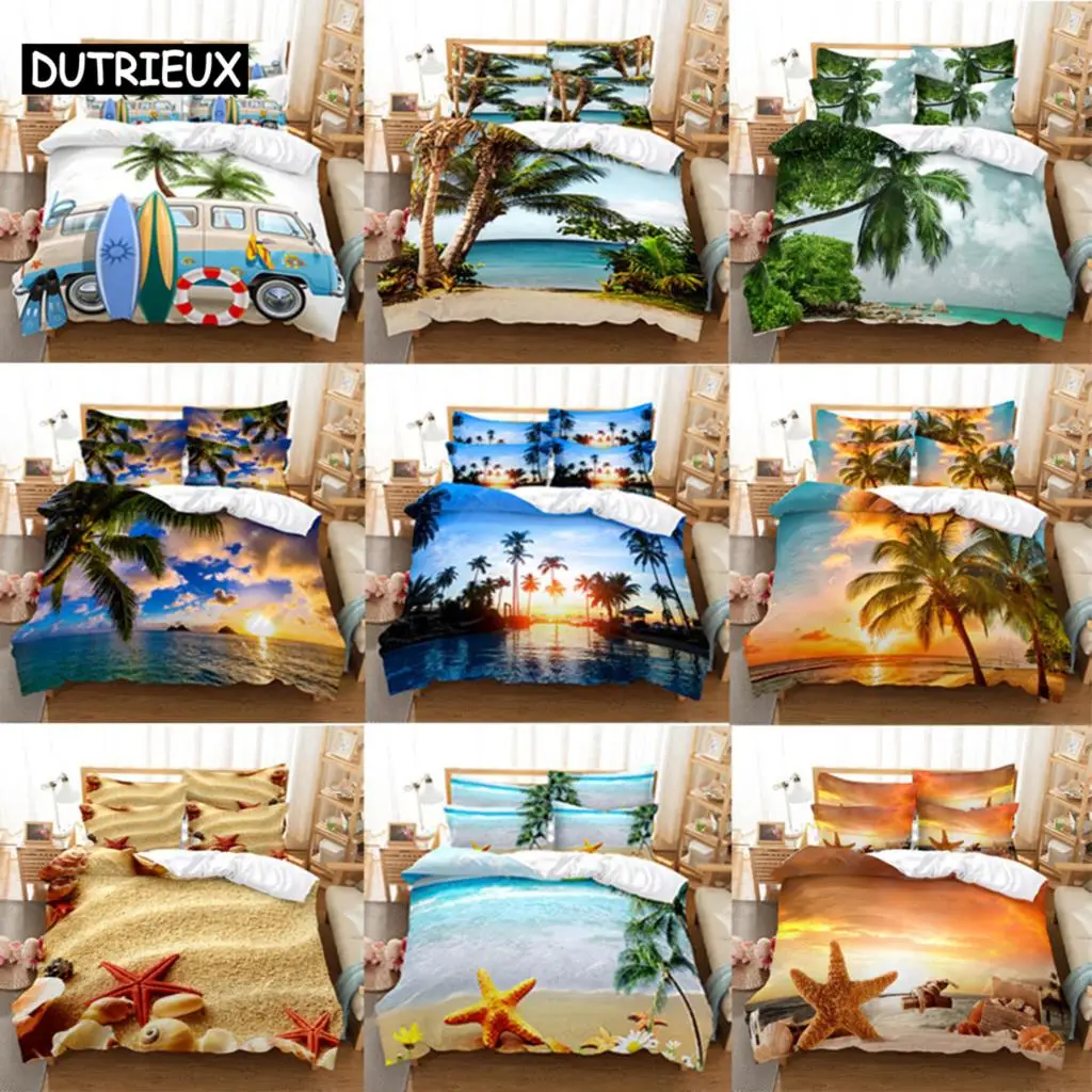 

3D HD Bedding Set Queen Duvet Quilt Cover Pillow Case Bed Linen USA King Twin Full Double Single Bedroom Seaside Coconut Tree