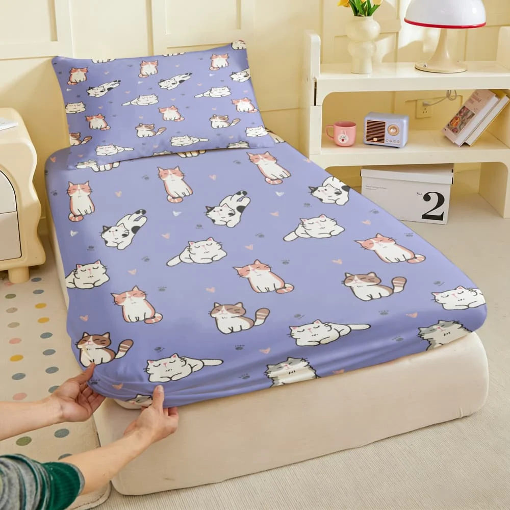 1pc Cute Cartoon Cats Print Fitted Sheet Deep Pocket Elastic Mattress Cover Single Double Queen King Bedroom Decor