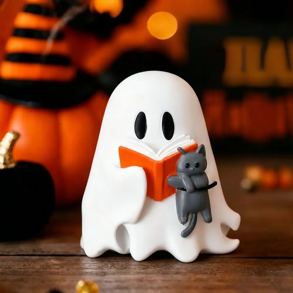 Cute Ghost Reading Book Night Light Resin Statue Decorative Table Lamp Halloween Party Home Bedside Office Room Decor
