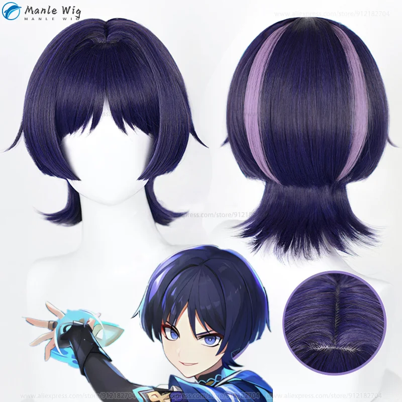 Kunikuzushi Cosplay Peruca, Scaramouche, Azul, Preto, Destaque, Roxo, Resistente ao Calor, Perucas de Halloween Plus Wig Cap