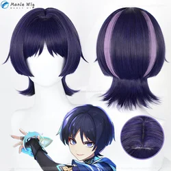 Kunikuzushi Cosplay Wig  Scaramouche Wig Blue Black Highlight Purple Heat Resistant Wig Halloween Wigs + Wig Cap