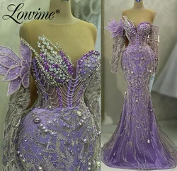 Luxury Aso Ebi Crystals Purple Evening Dresses Long Sleeve Evening Formal Party Reception Birthday Engagement Gowns Dresses Robe