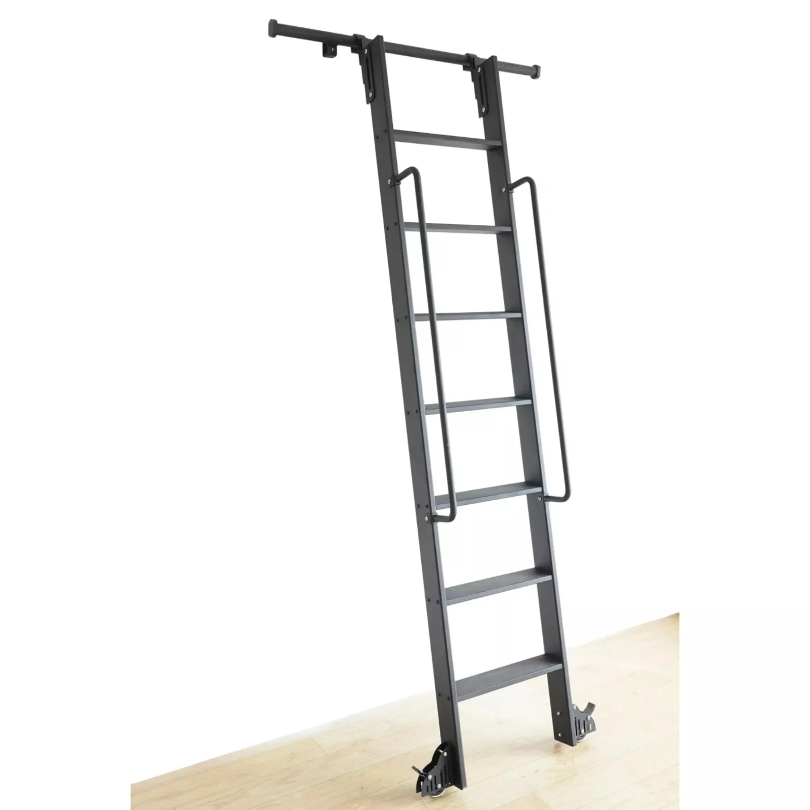 Folding Attic Metal Ladder Sliding  with Removable Hook Hardware Kit, Cabinet Pulley Ladder with Handrails