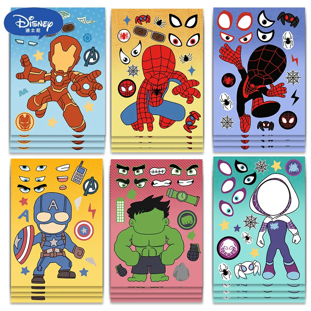 8 Sheets Disney Marvel Spiderman Iron Man Stickers Make A Face Game Sticker Kids Girl DIY Book Laptop Kawaii Assemble Anime Toy