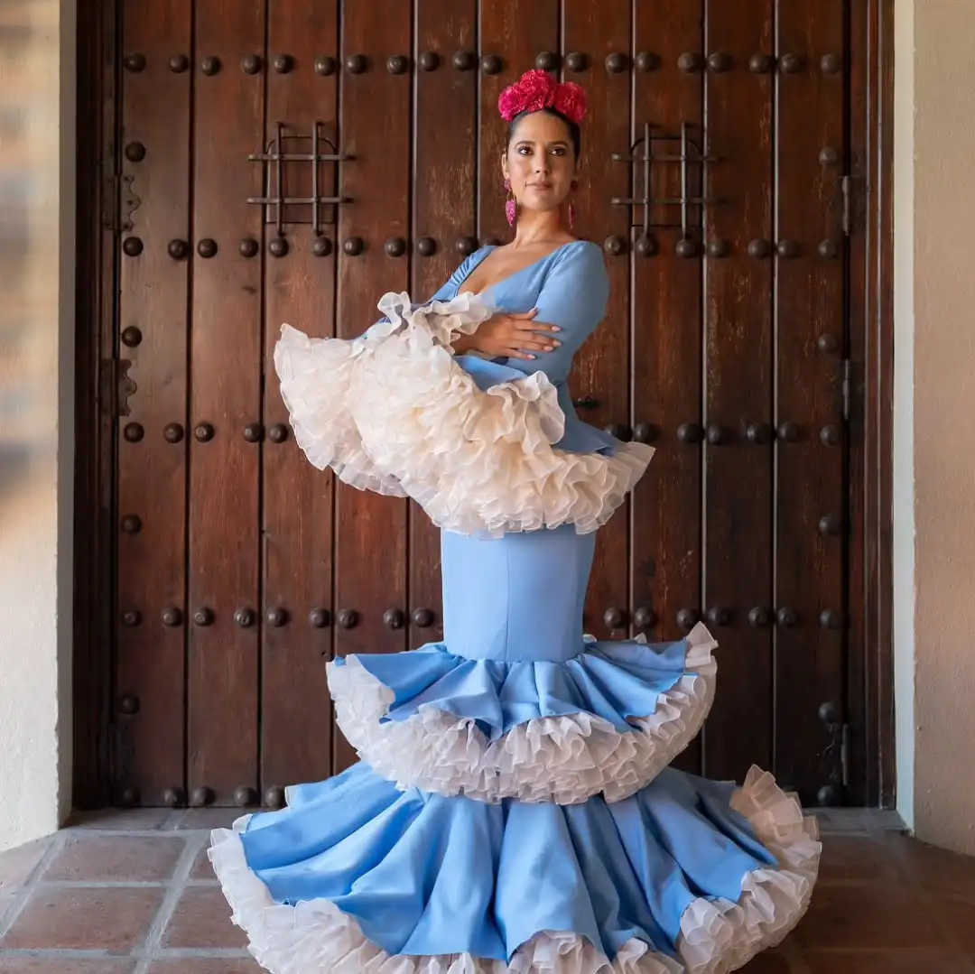 Wspaniałe niebieskie warstwy suknie wieczorowe syrenka hiszpańskie Vestidos de fiesta puszysta wielowarstwowa spódnica wyjątkowa hiszpańska sukienka na bal maturalny 2025