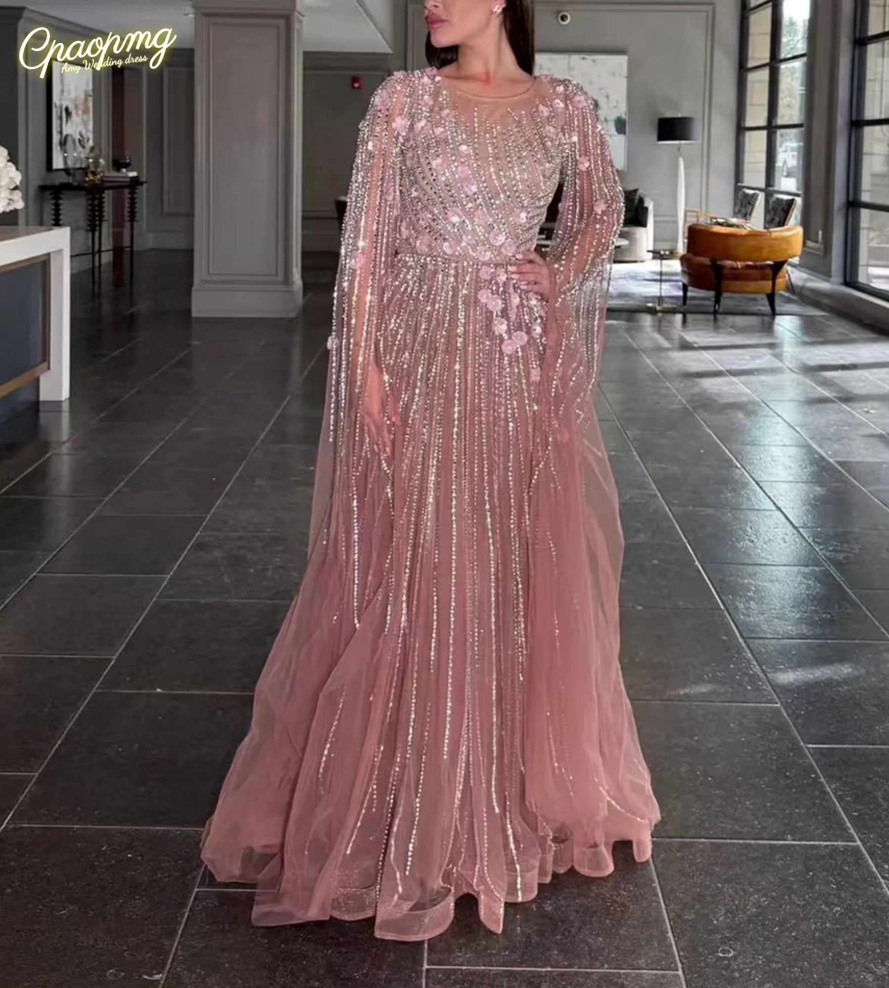 

Customized Luxury Dubai Pink Evening Dresses with Cape Sleeve O Neck Beaded Wedding Party Gown Tulle
