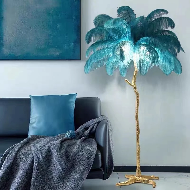 Feather Floor Lamp Living Room Bedroom Bedside American Light Luxury Net Red Ostrich Feather Copper Floor Lamp Nordic Decoration