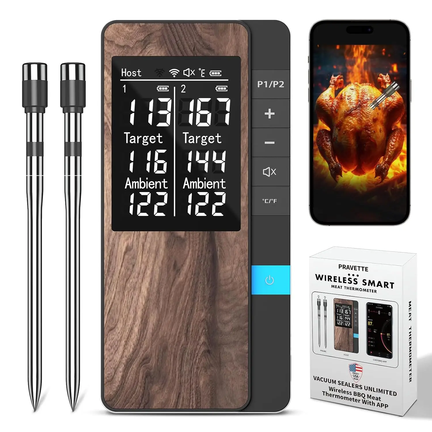 Wireless Meat Thermometer-Multi Sensors Digital Food Thermometer With Ultra-Thin Probes, App&Host Control- Accuracy Bluetooth