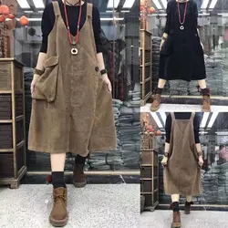 Corduroy Strap Skirt for Women, Loose Medium to Long Slanted Skirt Artistic Retro Look Skinny Striped Velvet Dress for Women