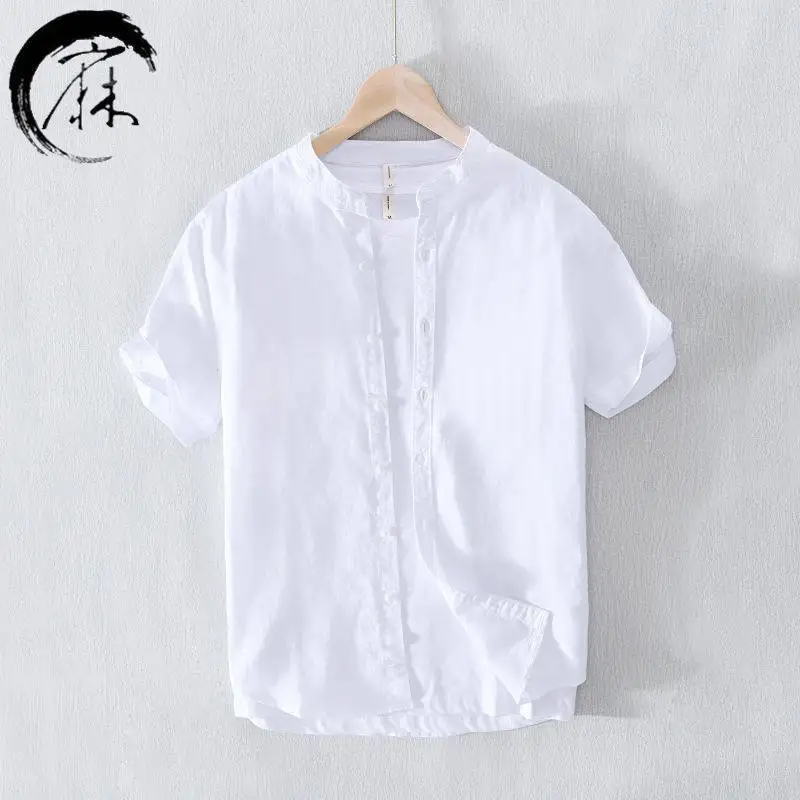 

Loose Fit Linen Cotton Shirt Men's Short Sleeve Summer Thin Casual Shirt Half Sleeve Shirt Style Middle-Aged Men's Wear