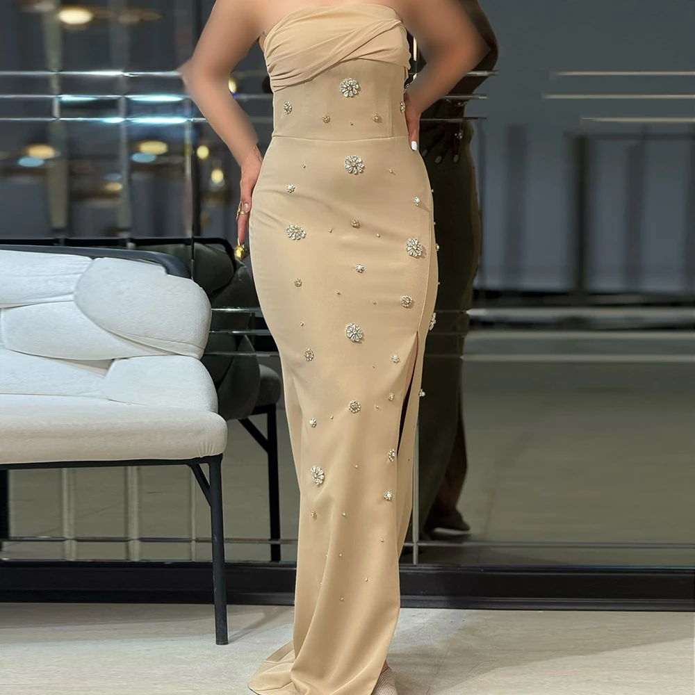 

Customized Straight Evening Dresses Floor-length Strapless Sleeveless Prom Gown Fashion Crystal Beading Side-split Party Gown