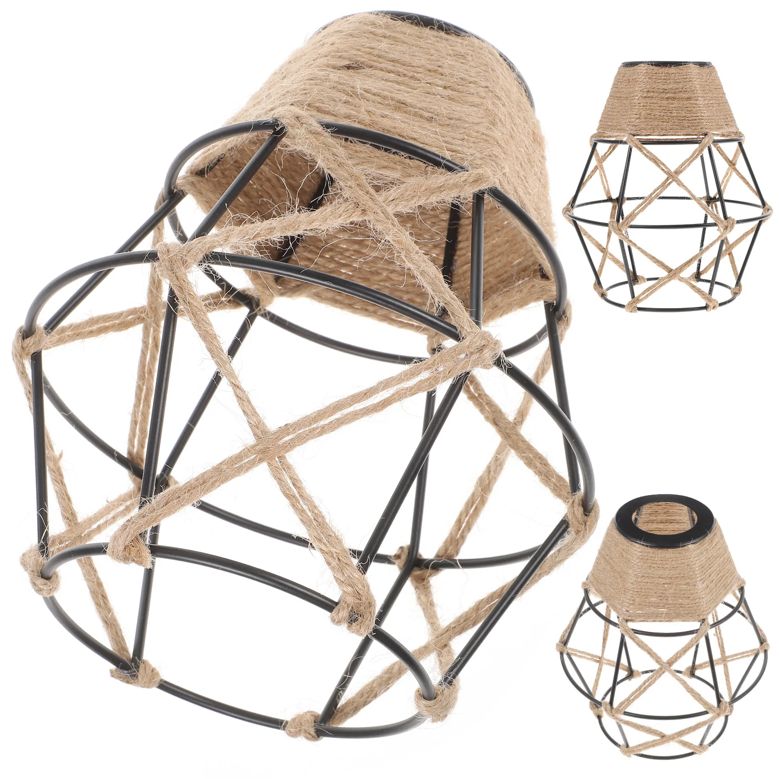 

3pcs Hanging Lampshade Chandelier Shades Large Rustic Kitchen Bedroom Living Room Iron Hemp Rope Weaving Lamp Cover Ceiling