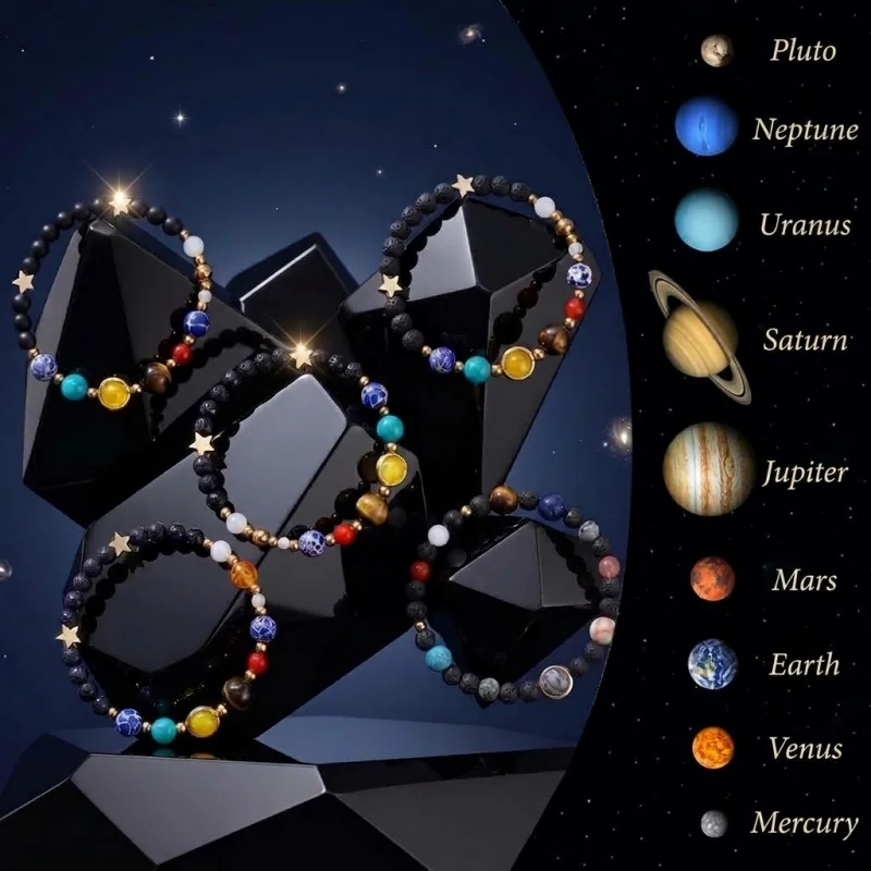 Natural Lava Stone Matte Agate Solar System Eight Planets Bracelet Stainless Steel Copper Jewelry for Men Women Chakra Gift