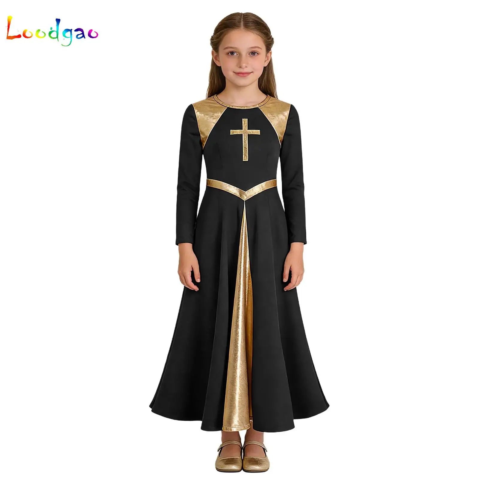Girls Metallic Block Long Sleeve Praise Dance Dress for Girl Worship Liturgical Praise Costumes with Round Neck Cross Pattern