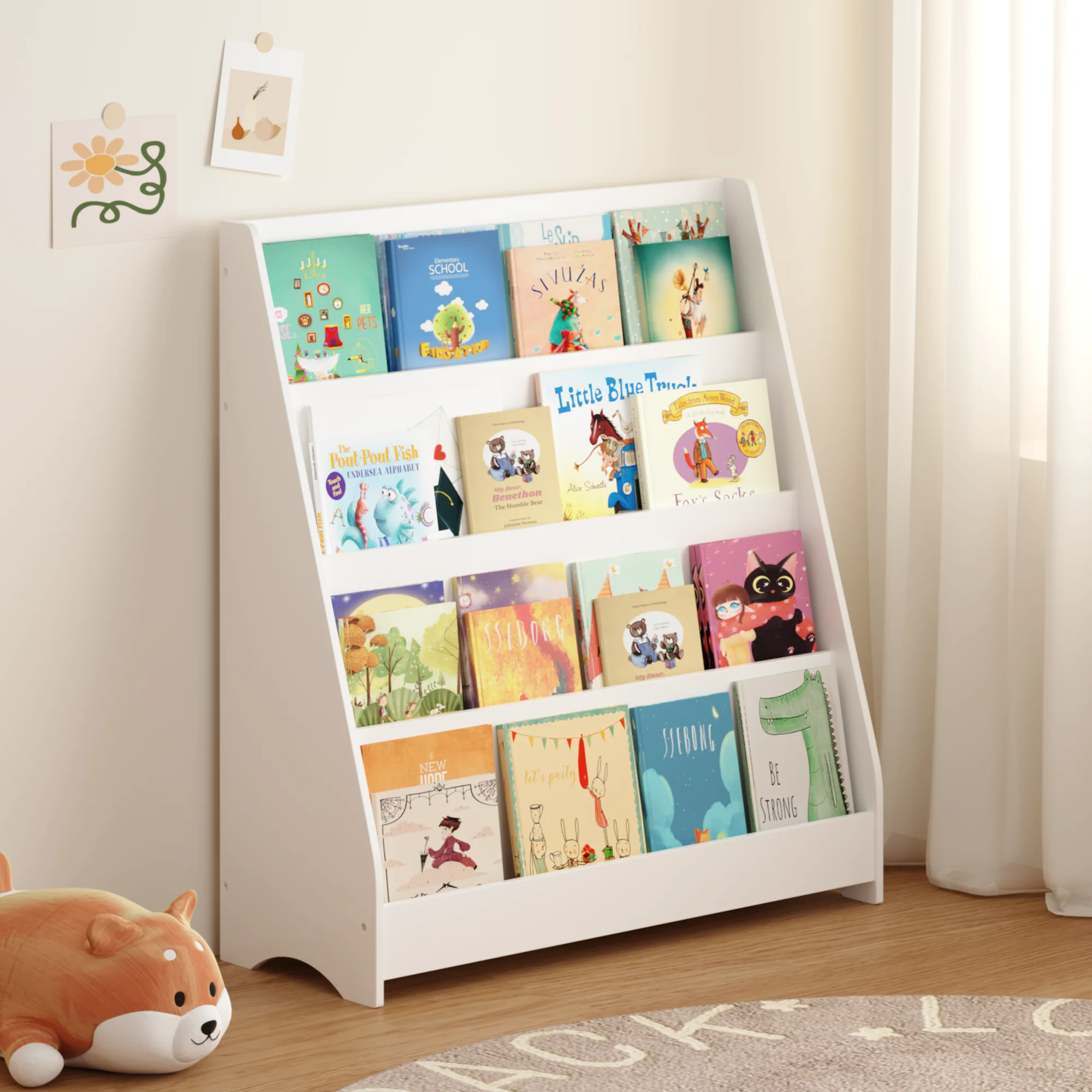 4-Tier Kids Bookshelf Toddler Book Display Shelf White MDF Organizer for Bedroom Playroom Classroom