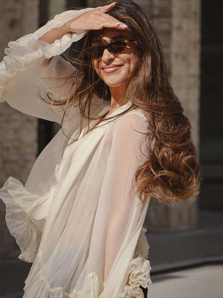 

Nibber See Through Women Ruffles Flared Sleeve Irregular Hem Ribbon Scarf Skinny Elegant Autumn Fashion Chic Party Streetwear