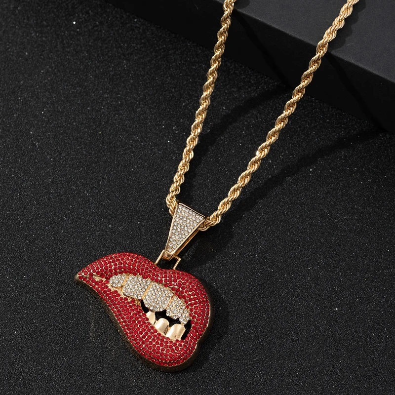 Hip Hop Full Rhinestone Red Lips Teeth Pendant Necklace Hiphop Twist Rope Tennis Chain Necklaces For Women and Men Jewelry Gift