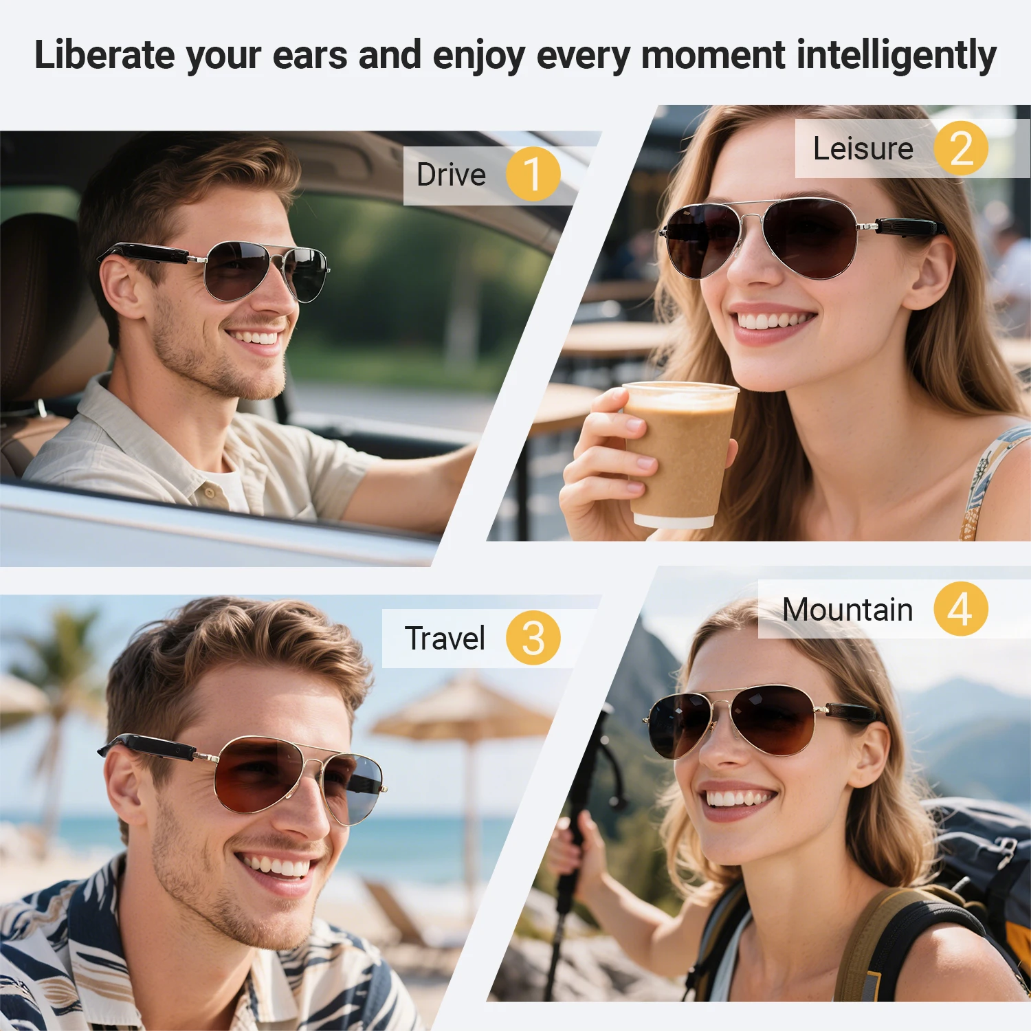 نظارات شمسية ذكية AI، نظارات صوتية لاسلكية محمولة مع تشغيل موسيقى ترجمة AI، سماعة رأس ذكية يمكن ارتداؤها