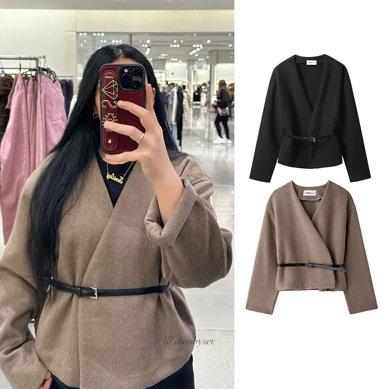 

Женский винтажный модный вязаный кардиган с v-образным вырезом, однотонный коричневый пояс, длинные рукава, пальто, женский осенний плащ 2025 года, повседневный тонкий трикотаж