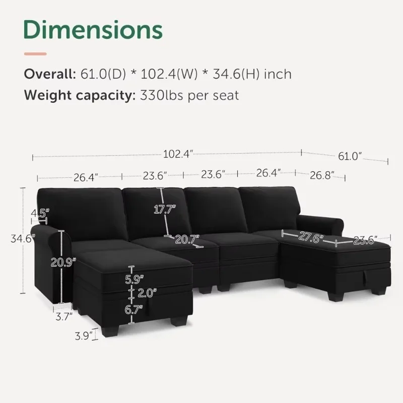 Combination sofa, velvet U-shaped combination sofa with storage seat, reversible sofa, living room convertible combination sofa