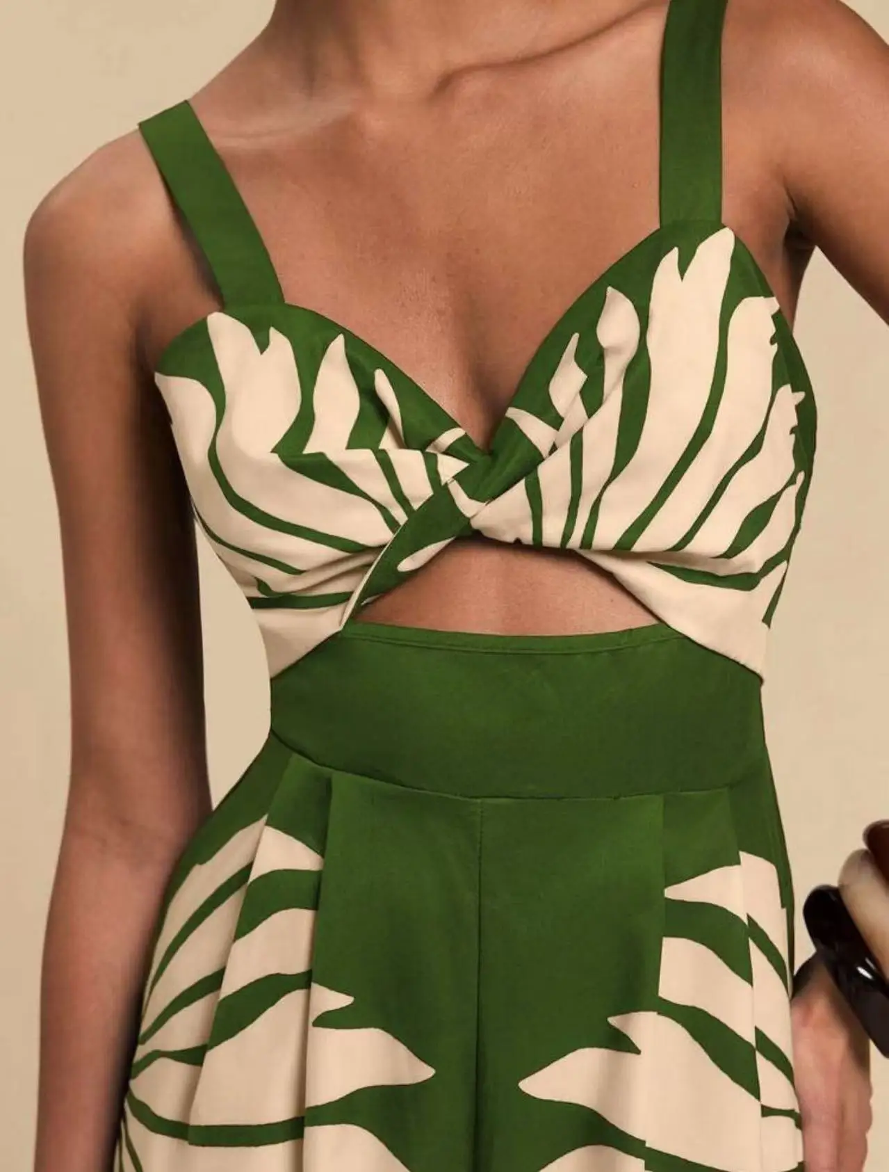 

Women Tropical Leaf Print Romper Twist Front Cutout Spaghetti Strap High Waist Wide Leg Shorts Summer Beach Vacation Jumpsuit