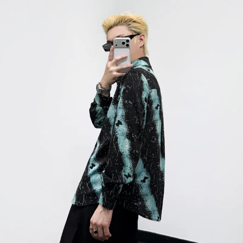 WVGA Korean Style New Men Autumn Printed Long Sleeve Shirt Light Luxury Fine Glitter Decoration Trendy Casual Draped Tops W27293