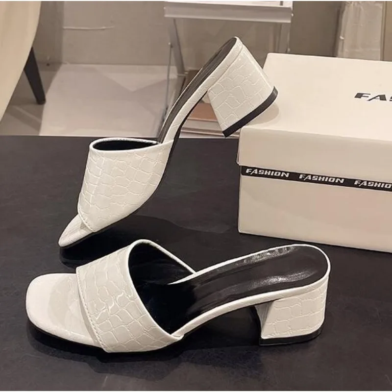 

New Women Fashion Pumps Slippers Ladies Square Toe Female Slides Summer New Female Sandals High Heels Indoor Zapato Mujer