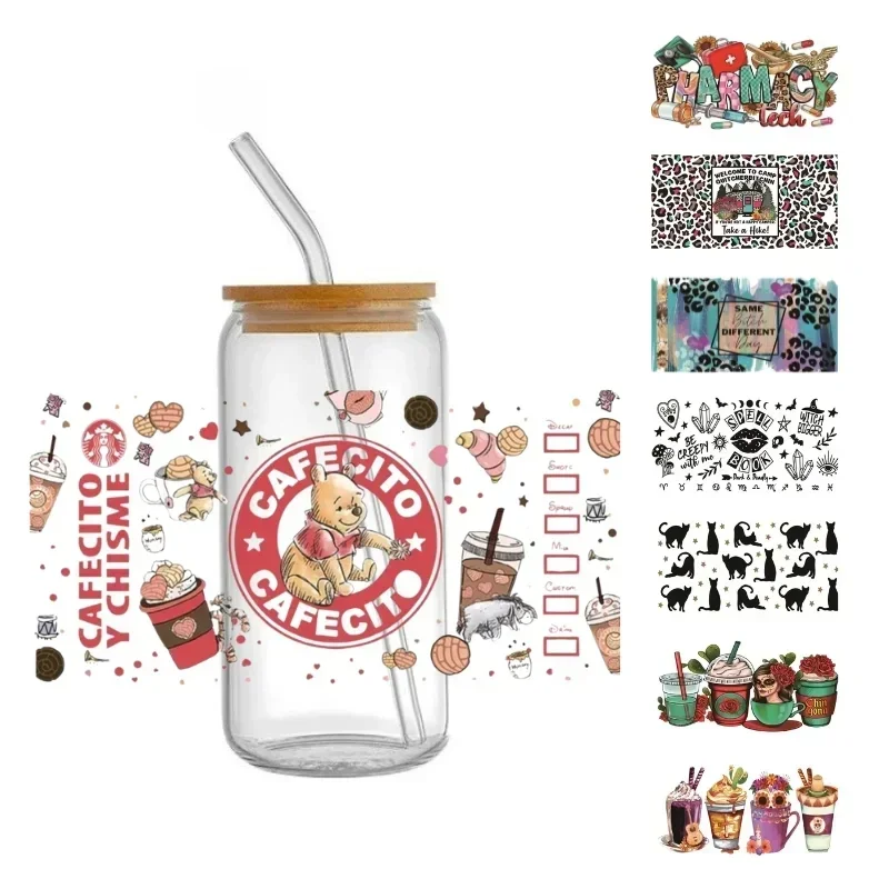 16 oz Glass Cup with Bamboo Lid and Straw Can Shaped Beer Mug With Stickers Reusable Smoothie Cup And for Teenager Party