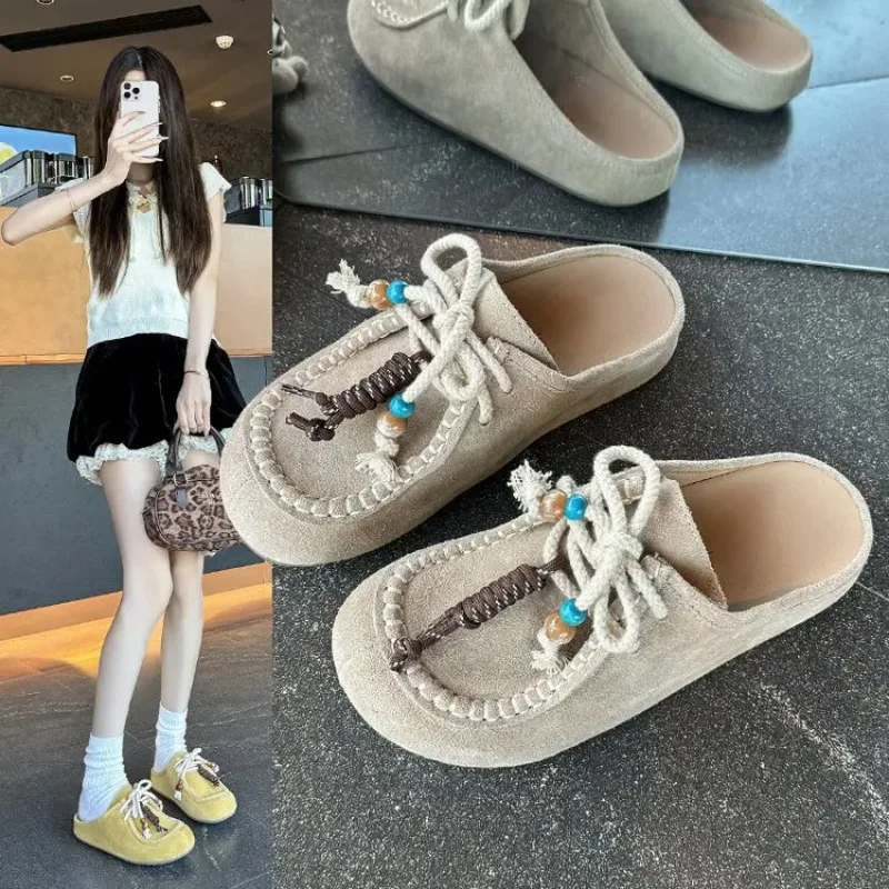 

Hot Selling Vintage Lady Headband Half-heel Slippers 2025 Summer New Style One-piece Lazy Thick-soled Versatile Travel Mule Shoe